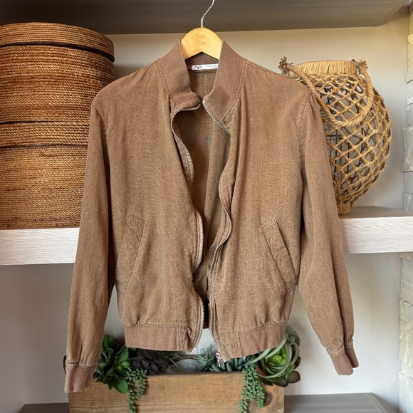 ZARA Linen Bomber Jacket Tan - Picture 1 of 6